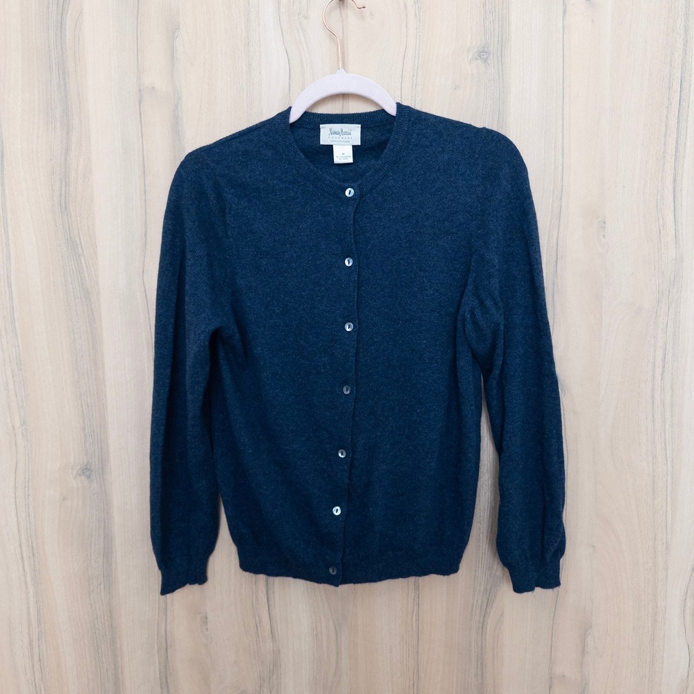 Vintage Neiman Marcus Womens Cashmere Wool Cardigan M Navy Scotland Quiet Luxury